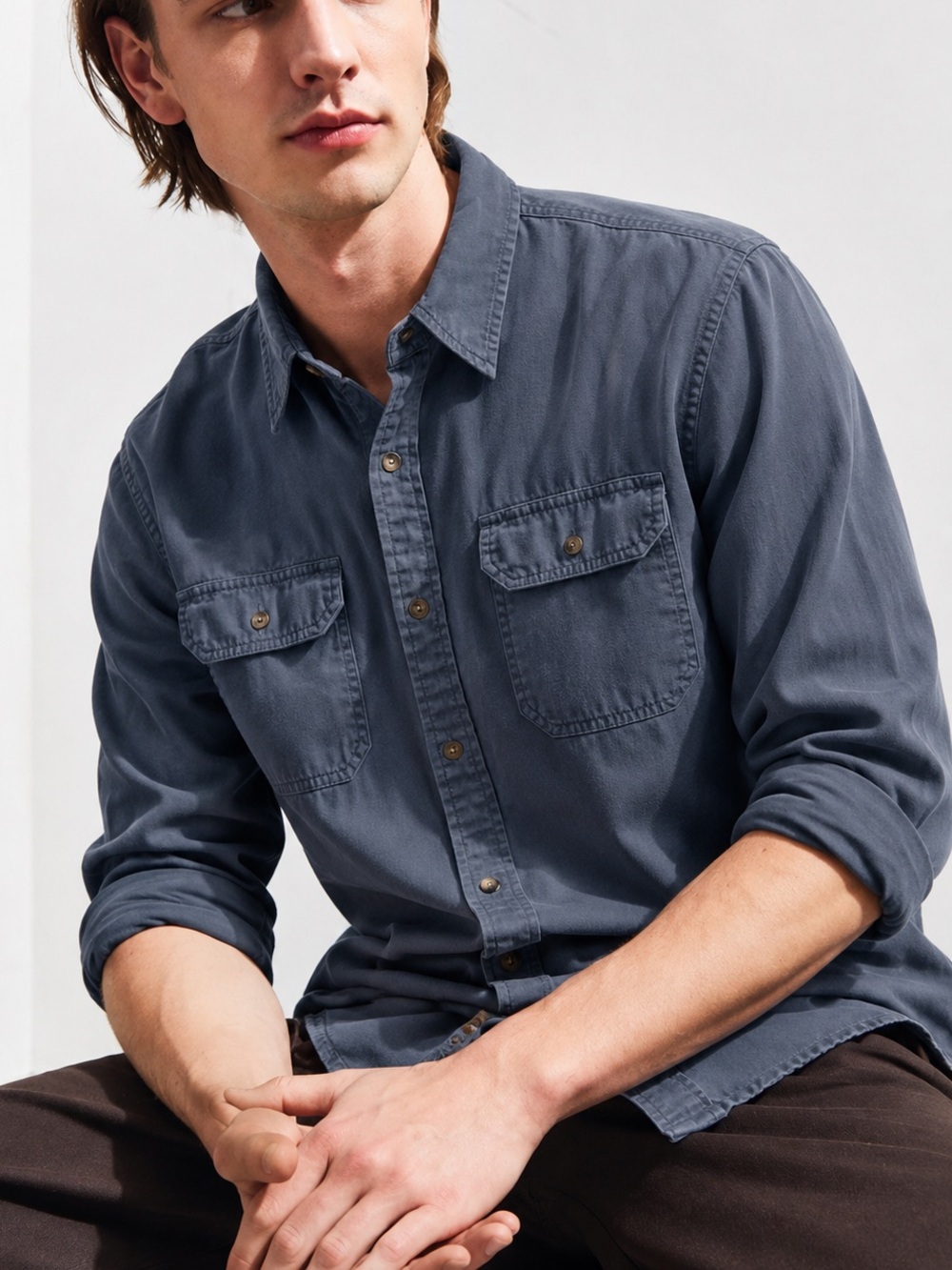 Wrangler Premium Quality Work Shirt Medium Navy Blue Cotton Button Up